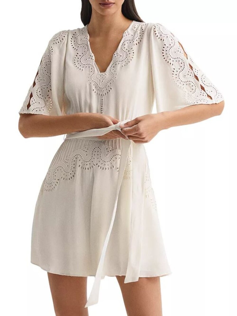 REISS Rhea Broderie Flippy Dress Ivory